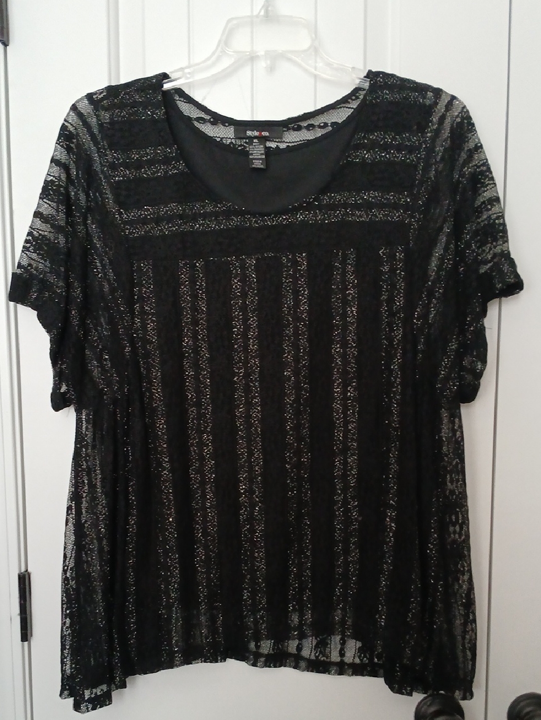 Style & Co. Black Sheer Lace Short Sleeve Top